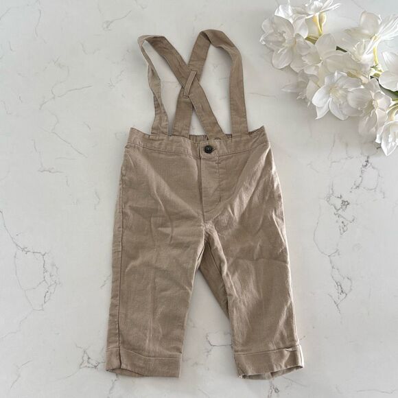 Janie and Jack Baby Linen-Cotton Suspender Pant in Classic Khaki Size 3/6 Months - Picture 3 of 9